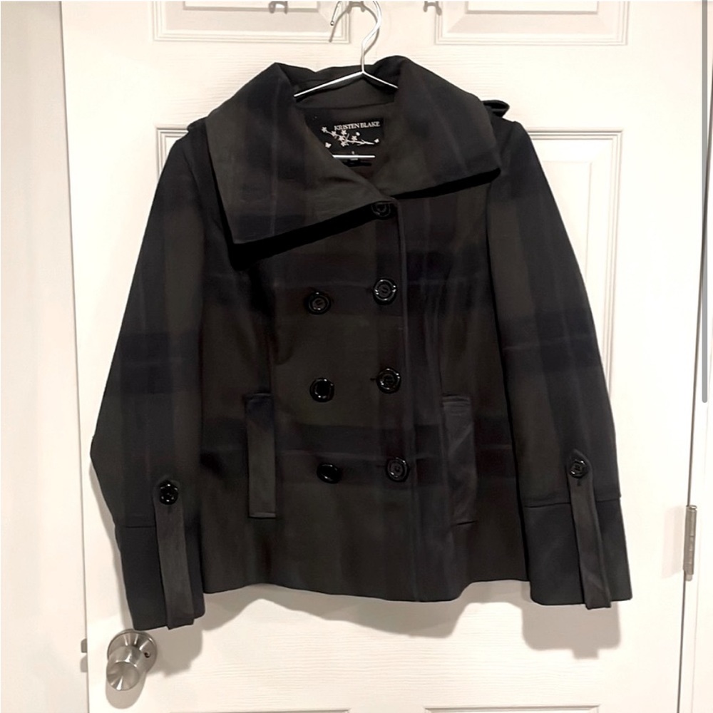 Kristen Blake Plaid Pea Coat Double Breasted Jacket Gray Purple Size S